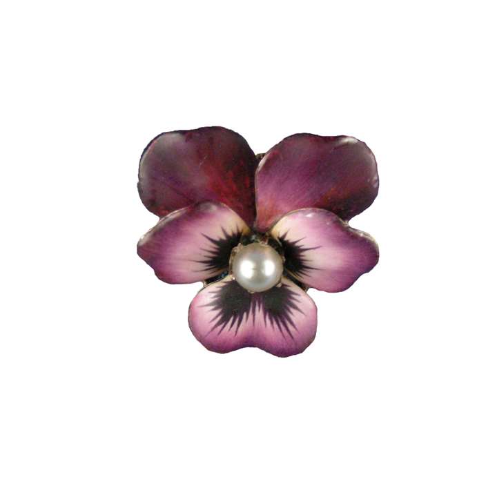 Antique magenta enamel and pearl pansy brooch, by Crane & Theurer, American, c.1900